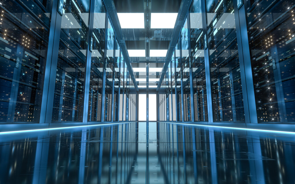 Server racks in computer network security server room data center, 3d rendering.